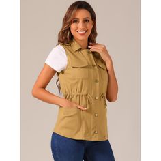 The drawstring waist and cargo pockets add a casual style that you can showcase no matter what you layer with this trend-savvy piece. It is great for dating, shopping, and going out with friends. Get the look this season with this seriously twill utilitarian cargo vest. It can be popped over a pair of jeans on chillier days or a dress. Occasion: Casual, Street, Dating, Gathering, School, Weekend, Holiday, Daily Wear, etc. Casual Khaki Tops With Multiple Pockets, Trendy Outdoor Utility Jacket With Pockets, Trendy Utility Jacket With Pockets For Outdoor, Khaki Cargo Pocket Top For Spring, Utility Tops With Pockets For Outdoor, Utility Style Tops With Pockets For Outdoor, Casual Beige Utility Jacket With Cargo Pockets, Casual Spring Tops With Multiple Pockets, Casual Sleeveless Outerwear With Pockets