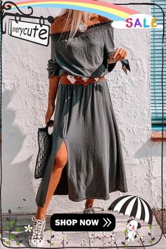 Gray Shirred Off Shoulder Maxi Dress with Split Solid Color Long Sleeve Maxi Dress For Day Out, Long Sleeve Solid Color Maxi Dress For Day Out, Solid Color Fall Maxi Dress For Daywear, Solid Color Midi Beach Dress For Fall, Gray Long Sleeve Midi Dress For Summer, Casual Long Sleeve Midi Dress For Day Out, Solid Color Fall Beach Maxi Dress, Fall Beach Midi Dress In Solid Color, Casual Gray Maxi Dress For Beach