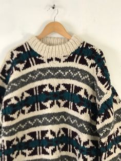 "-Description- >cream, gray, green, & red print men's hand knit sweater >crew neck pullover >very chunky/heavy >one of kind hand knit! >condition: great >color(s): cream, green, gray, red >fabric(s): 100% wool >care: dry clean -Measurements- >size: large ✩ all measurements are taken with the item laying flat & some sizes are estimates so please check measurements ✩ chest: 48\" / 97cm length: 31\" / 78cm -social media- instagram: @voguevibesvintage #47 VVV1794" Chunky Christmas Sweater, Old Man Sweater, Knitted Sweaters Men, Vintage Sweater Outfit, Lizzy Mcalpine, Modern Heritage, Mens Knit Sweater, Sweater Chunky, Vintage Hawaiian Shirts