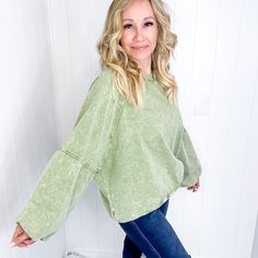 Easy Evening Sage Mineral Washed Terry Pullover Expertly crafted for a cozy and stylish look, our Easy Evening Sage Mineral Washed Terry Pullover is perfect for any occasion. Its oversized fit is both comfortable and versatile, making it the perfect pullover to pair with your favorite jeans or palazzo pants. Made with soft cotton, this long-sleeved pullover features a beautiful sage color that adds a touch of elegance to any outfit. Oversized Comfort fit Mineral washed Long bubble sleeves Rounde Soft-washed Relaxed Fit French Terry Tops, Soft-washed Cotton Drop Shoulder Sweatshirt, Oversized Soft-washed Green Sweatshirt, Comfy Soft-washed French Terry Sweatshirt, Soft-washed French Terry Long Sleeve Sweatshirt, Western Tee, Boot Jewelry, Cardigan Sweater Jacket, Judy Blue Jeans