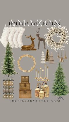 christmas decorations and trees are arranged on a gray background