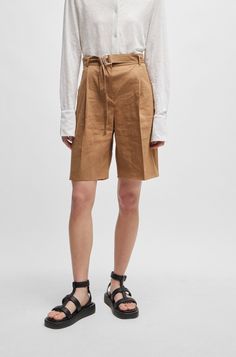 BOSS - Relaxed-fit shorts in a stretch linen blend Linen Knee-length Shorts For Work, Chic Bottoms With Built-in Shorts And Relaxed Fit, Relaxed Fit Linen Bermuda Shorts For Workwear, Chic Linen Bermuda Shorts For Spring, Beige Linen Shorts For Work, Chic Linen High-waisted Shorts, Chic Cotton Bermuda Shorts For Work, Cotton Wide Leg Shorts For Work, Wide Leg Cotton Shorts For Work