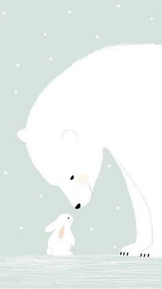 a polar bear and its cub are standing in the snow together, looking at each other