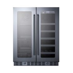 the double door refrigerator is stainless steel and has two glass doors on both sides,