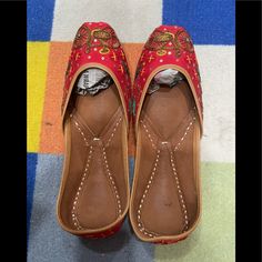 Brand New Punjabi Jutti/Flats Indian Size 41 Us Size 9.5 Red Slip-on Flats With Flat Heel, Red Flat Slip-ons With Leather Sole, Red Flat Sandals With Rubber Sole, Red Slip-ons With Rubber Sole, Red Flat Leather Shoes For Spring, Red Slip-on Leather Shoes For Spring, Red Slip-on Flats With Rubber Sole, Red Closed Toe Slip-ons For Spring, Casual Red Flats With Leather Sole