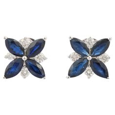 Studs create a subtle beauty while showcasing the colors of the natural precious gemstones and illuminating diamonds making a statement. Marquise cut blue sapphire earrings in 18K gold. Embrace your look with these stunning pair of earrings suitable for any occasion to complete your outfit. PRODUCT DETAILS :- > Material - 18K Solid White Gold > Gemstone - Blue Sapphire > Gemstone shape - Marquise > Gemstone Weight - 2.34 ct > Gemstone pcs - 8 > Gemstone Size - 6 x 3 mm > Diamond Weight - 0.35 ct Blue Sapphire Earrings In Fine Jewelry Style, Fine Jewelry Blue Sapphire Earrings, Fine Jewelry Blue Sapphire Earrings Lab-created, Luxury Blue Diamond Earrings With Prong Setting, Sapphire Diamond Earrings With Gemstone Detail, White Gold Sapphire Diamond Earrings, Luxury Blue Diamond Earrings With Accents, Blue Sapphire Diamond Earrings With Brilliant Cut, Sapphire Diamond Gemstone Earrings