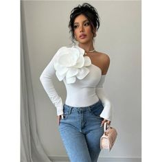 -Item Id 43170954 -Details: Ruffle, Appliques, Exaggerated Ruffle -Sleeve Type: Regular Sleeve -Style: Party -Hem Shaped: Regular -Color: White -Pattern Type: Colorblock, Plain, Plants -Neckline: Boat Neck -Sleeve Length: Long Sleeve -Length: Regular -Fit Type: Slim Fit -Fabric: Medium Stretch -Material: Knitted Fabric -Composition: 95% Polyester, 5% Elastane -Care Instructions: Machine Wash Or Professional Dry Clean -Sheer: Semi-Sheer **Open To Offers!!!** *30% Off Bundles Of 2 Or More Items!!* Puffy Top Outfit, White And Denim Outfits, Homemade Clothes, Clothes Business, Exaggerated Sleeves, Bridal Ideas, Vintage Inspired Fashion, Shirts Women Fashion, White Lace Top