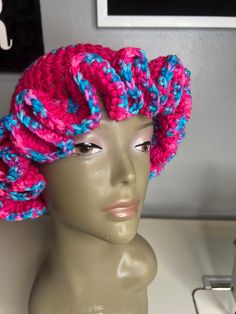 Hot pink and blue crochet ruffle hat  Made with acrylic yarn  Circumference- 20 inches (it stretches) Pink Crochet Hat Made Of Yarn, Pink Crochet Yarn Hat, Pink Hand Knitted Crochet Hat One Size, Pink One Size Crochet Hat For Spring, Pink Ruffled Hat For Spring, One Size Pink Crochet Hat For Spring, Adjustable Pink Hand Knitted Crochet Hat, Pink Crochet Hat In Acrylic Yarn, Adjustable Pink Crochet Hat Hand Knitted