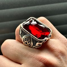 Man Handmade Large Ruby Ring , Ottoman Style Square Ring , Big Red Stone Ring , Zircon Stone Ring , 925k Sterling Silver Ring , Gift For Him ★Item Details * Gender : Male / Female * Material : 925K Sterling Silver * Total weight : 35 Grams * Gemstone : Ruby  Stone ✔ Ready to Ship in 1-2 Business Days .. ✔ Shipped to the Worldwide 1-5 business days with free shipping... ✔ The product will be sent to you with a handmade wooden box to avoid any damage during shipping... ✔ Visit our store, browse ot Red Ruby Signet Ring For Wedding, Red Ruby Ring Stamped 925 As Gift, Red Ruby Ring Stamped 925 For Gift, Gift Ruby Ring With Stone Setting, Red Stone Setting Ring Gift, Luxury Red Jewelry Stamped 925, Handmade Red Signet Ring For Formal Occasions, Handmade Red Crystal Ring For Wedding, Red Stone Setting Ring As Gift