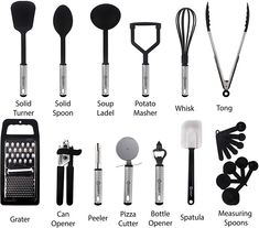 an assortment of kitchen utensils including spatulas, spoons and tongs