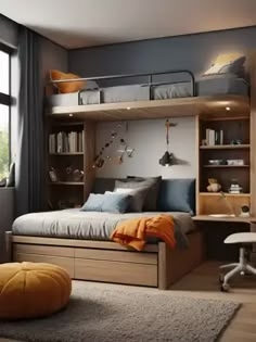 a bedroom with a bed, desk and bookshelf next to a large window