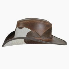 This exquisite Pinto leather cowboy hat offers the perfect combination of western and urban style. Its classic western outback brim, hair on calf mid crown, and brown three-braided band with a brown leather tab make for a sophisticated and timeless design. Whether you're looking to complete a cosmopolitan look or embrace your inner cowboy, this classic piece will always be en vogue. Featuring a super comfortable removable sweatband liner that attaches securely with velcro tabs sewn-in to the hat Rugged Brown Leather Hat, Rugged Flat Brim Hat For Ranch, Rugged Flat Brim Ranch Hat, Rugged Leather Hats For Western-themed Events, Leather Hats For Country Events In Distressed Brown, Distressed Brown Leather Hats For Country Events, Leather Distressed Brown Hats For Country Events, Brown Leather Fedora Hat, Brown Leather Wide Brim Hat