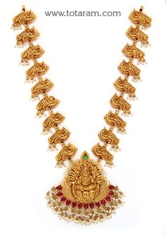 22 Karat Gold 'Lakshmi - Peacock' Necklace with Beads & Pearls (Temple Jewellery)
  Necklace Length with Pendant : 15.00 inches - 235-GN4210 - in 43.450 Grams for USD $3099.99. 
Made in India by Totaram Jewelers Online this product is in Gold - 22 Karat BIS Hallmark 916 KDM Gold  & is an excellent gift for Adult - Women. Ships fully insured with secured guaranteed delivery for free with your order over $250 from New Jersey USA & comes with 30 days exchange policy. Yellow Gold Kundan Necklace With Peacock Design For Festivals, Festive Bridal Necklace In 22k Gold With Peacock Design, Festive 22k Gold Bridal Necklace With Peacock Design, Festive Yellow Gold Temple Necklace With Peacock Design, 22k Gold Kundan Necklace With Peacock Design For Celebration, 22k Gold Peacock Design Necklaces For Festivals, Celebration 22k Gold Kundan Necklace With Peacock Design, 22k Gold Temple Necklace With Peacock Design For Celebration, 22k Gold Peacock Temple Necklace For Navratri