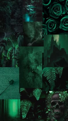 a collage of green and black images with skulls, roses, and writing on them