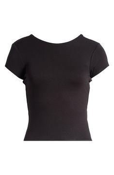 A cropped top presents as simple and standard from the front but serves seriously sultry vibes in the back. 18 1/2" length (size Medium) Boat neck lined Short sleeves Open back 95% rayon, 5% spandex Machine wash, tumble dry Imported Sleek Tops With Built-in Bra And Scoop Neck, Chic Fitted Crop Top T-shirt, Cropped Top With Built-in Bra And Minimal Stretch, Stretch Short Sleeve Crop Top With Built-in Bra, Stretch Elastane Cropped Tops, Basic Fitted Tops With Built-in Bra, Chic Scoop Neck Crop Top With Built-in Bra, Elastane Crop Top For Night Out, Basic Cropped Elastane Tops