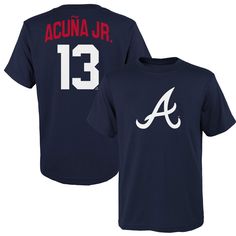 PRICES MAY VARY. Officially licensed by the MLB Decorated in team colors and logo Team logo on front with player name and number on back Premium screen printed graphics Tagless collar for added comfort This MLB Ronald Acuna Jr. Atlanta Braves Toddler Navy Player Name & Number Jersey T-Shirt is a must-have for any young baseball fan. It is made from 100% cotton and features the official team logo and colors, as well as the player's name and number on the back. The shirt is machine washable and is Atlanta Braves Jersey, Ronald Acuna Jr, Brave Kids, Navy Blue T Shirt, Baseball Fan, Atlanta Braves, Team Colors, Jersey T Shirt, Favorite Team