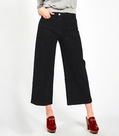 Black Simone Jeans – Loup Black Wide Leg Flare Jeans For Work, High Waist Relaxed Fit Flare Jeans For Work, Cotton High-waisted Flare Jeans For Work, Wide Leg Flare Jeans With Pockets, High-waisted Flare Jeans For Fall, Chic High Rise Pants With Welt Pockets, Chic High-rise Pants With Welt Pockets, Black Cropped Jeans For Workwear In Fall, Black Wide Leg Cropped Jeans For Work