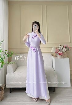 🌻 Stretchy level: 2/10 🌻Material: Lụa vân gỗ 🌻 The measurement of this ao dai (long dress) is in Vietnamese size (American size tends to be bigger for the same size). Please LOOK AT THE SIZE CHART CAREFULLY BEFORE ORDERING. There might have some chalk writings on the fabric due to making process. These marks can be washed away easily. 🌻No returns or exchanges Buyer can contact seller about any issues with an order. 🌸 Follow us Facebook/aodaiemily www.aodaiemily.com 💜 Thank you very much!💜 Long Sleeve Embroidered Gown For Spring, Floral Print Embroidered Maxi Dress For Wedding, Spring Wedding Embroidered Long Dress, Elegant Floral Embroidered Ao Dai For Summer, Long Sleeve Embroidered Floral Dress For Wedding, Long Sleeve Floral Embroidered Wedding Dress, Elegant Ao Dai With Floral Embroidery For Spring, Long Sleeve Purple Gown For Spring, Purple Long Sleeve Gown For Spring