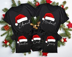 Custom Christmas Family Shirts, Matching Family Christmas Shirts, Merry Christmas Family T-Shirt, Personalized Name Christmas Family Shirt HOW TO ORDER 1️) Please review all the information provided below before placing an order. 2️) Select the shirt type and size. 3️) Select the color of the shirt using the following options. 4) Select your design (Personalization Box) if applicable. 5) Need more items? Add your current item to your cart and if you like to add more items to your order please cl Family Christmas Shirt Ideas Matching, Merry Christmas Tshirt Design, Black Family Christmas Pictures, Casual Christmas T-shirt For Family, Family Matching Christmas T-shirt, Cheap Christmas Family T-shirt, Family Matching Holiday Graphic T-shirt, Festive Family Matching T-shirt For Holidays, Family Matching Christmas T-shirt With Graphic Print