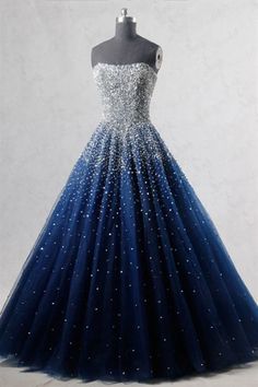 Gorgeous Strapless Beaded Dark Blue Tulle Long Prom Dresses, Open Back Beaded Dark Blue Formal Evening Dresses, Beaded Blue Ball Gown #promdress #promdresses #promdresses2023 #bluepromdress #formaldress #eveningdress #promgown #formalgown #eveninggown #ballgown #promfashion #promstyle #promnightdress Gaun Abad Pertengahan, 파티 드레스, Prom Ball Gown, Blue Evening Dresses, Beaded Prom Dress, Cute Prom Dresses, Pretty Prom Dresses, Custom Size Dresses, فستان سهرة