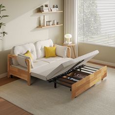 a living room with a white couch and wooden shelves