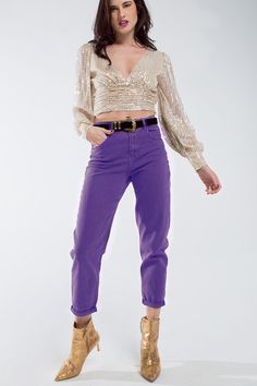 Introducing our Purple Straight Leg Jeans with Hem Detail, a trendy and stylish addition to your spring wardrobe, offering a perfect pop of color that pairs beautifully with a white top. These fashionable purple jeans feature a classic straight leg design with a chic hem detail, making them an ideal choice for the spring season. Crafted from a blend of 98% Cotton and 2% Elastane, they provide both comfort and stretch, ensuring you feel confident and on-trend. Our model confidently showcases size Purple Jeans, Denim Details, Spring Wardrobe, Spring Looks, White Top, Hat Hairstyles, Individual Style, White Tops, Jeans Fit