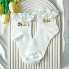 ✨💎 Wouldn't you like to experience elegance and quality together? Meet these custom embroidered frilly bridal socks! ✴️PRODUCT FEATURES: These lace socks are made of 80% cotton and 20% spandex material. Thanks to its perforated structure, it is suitable for the summer season; it doesn't cause sweating and features a breathable fabric! These bride socks are compatible with EU sizes 37-42. These wedding socks come in 2 design options, choose your style!  🌟HOW TO ORDER: Firstly, please select the Bridal Socks, Bride Socks, Hosiery Dress, Socks Lace, Frilly Socks, Wedding Socks, Personalized Socks, Wedding Gifts For Bride, Custom Socks