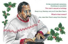 a drawing of a man using a laptop with christmas decorations on the wall behind him