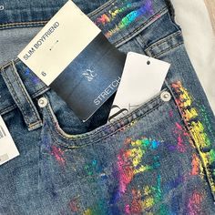 These Awesome Slim Boyfriend Cut Jeans Are Nwt. The Iridescent Rainbow Colors Cover The Front Of The Jeans. The Back Side Of The Jeans Are Plain Denim. They Are A Moderately Stretchy Jean. Painting On Jeans Ideas, Painting On Jeans, Rainbow Jeans, Fem Outfits, Boyfriend Cut Jeans, Jeans Ideas, Boyfriend Cut, Painted Jeans, Stretchy Jeans