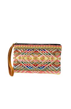 This beautiful handmade clutch features a yarn jacquard ethnic diamond-shaped pattern embroidered with beads and a leather wristlet clutch Great for small gifts Shell: 100% Cotton Trim: Suede Leather Lining: 100% Polyester Length 5.25" Width 8.50" Wristlet 7" Pouch Handmade in India Color: Multicolor Bohemian Pouch Clutch For Festive Occasions, Rectangular Woven Clutch For Festival, Embroidered Clutch As Summer Gift, Embroidered Clutch For Summer Gift, Bohemian Rectangular Party Pouch, Embroidered Clutch Gift For Summer, Bohemian Beaded Clutch For Everyday Use, Traditional Woven Rectangular Clutch, Multicolor Summer Festival Clutch