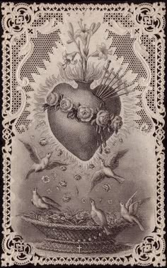 a heart with flowers and birds on it, in the middle of an ornate border