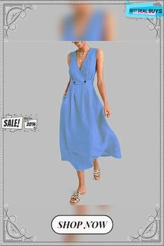 Elegant Women Ladies Summer Boho Dress Evening Party Beach Dresses Sundress Blue Solid Color Midi Dress For Beach, Non-stretch Midi Dresses For Beach Season, Blue Solid Color Midi Beach Dress, Chic Solid Color Beach Dress, Beach Maxi Dress In Solid Color, Vacation Maxi Dress In Solid Color, Solid Color Vacation Maxi Dress, Flowy Midi Dress For Beach In Solid Color, Flowy Solid Color Midi Dress For Beach