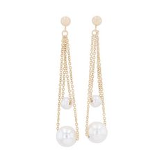 These stunning contemporary 14 karat gold drop earrings feature freshwater pearls ranging from 4.0-8.5 millimeters. Formal Dangle Pearl Chain Jewelry, Graceful Pearl Dangle Earrings, Evening Akoya Pearl Drop Earrings, Elegant Pearl Dangle Earrings, Pearl White Akoya Pearl Earrings With Pearl Chain, Pearl White Akoya Pearl Chain Earrings, Akoya Pearl Drop Dangle Earrings, Akoya Pearl Drop Earrings, 14k Gold Dangle Pearl Earrings