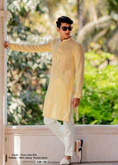 *PRODUCT DETAILS:- Illuminate any event with this lime yellow. The mandarin collar and placket outline the ensemble and the linear patterns give it a structured look. Style this outfit with an off-white pajama, matching off-white juttis, a metallic golden watch or a statement bracelet. Add a luxurious silken dupatta for a stunning attire that's perfect for evening celebrations, ensuring you make a lasting impression. also use for your HALDI function. *FEATURES:- Color: Lime yellow Fabric: 100% pure linen silk Design Type: Embroidery for kurta only Items Included:  (i)  Kurta ,                                (ii) Payjama (100% heavy tensile dyed) Wash Care: Dry Clean Only Disclaimer Text: Product color may slightly vary due to photographic lighting sources or your monitor/screen settings. Fitted Yellow Traditional Wear For Spring, Haldi Outfits Men, Fitted Yellow Kurta For Spring, Yellow Long Sleeve Traditional Wear For Spring, Yellow Fitted Kurta For Spring, Kurta For Haldi Function Men, Casual Yellow Kurta For Festive Occasions, White Kurta For Haldi Men, Yellow Casual Kurta For Festive Occasion