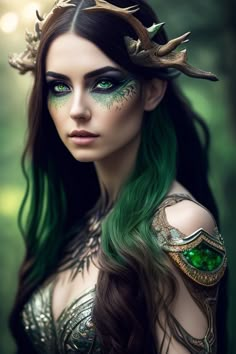 Forest Halloween Costume, Elf Warrior Female Costume, Elf Queen Costume, Woodland Faerie, Forest Elf Makeup Look, Mother Earth Costume Diy, Plant Fairy, Elvish Makeup