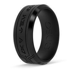 black ceramic wedding band with an etched design