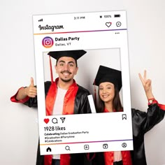 a man and woman in graduation gowns holding up a instagram party photo frame