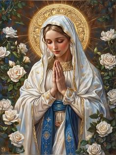 a painting of the immaculate mary with roses around her neck and hands folded in prayer