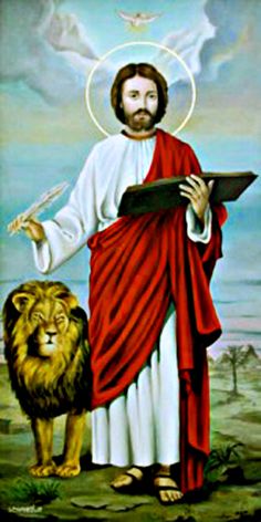 a painting of jesus holding a book and a lion