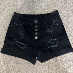 Rue21 Black, Ripped, Jean Shorts. High Waisted With Buttons And No Zipper. 2.5 In Inseam. Worn Once, Doesn’t Fit. Almost Brand New. Send Offers! Price Is Negotiable. Black Ripped Jean Shorts, Jean Shorts High Waisted, Ripped Jean Shorts, Shorts High Waisted, Black Ripped Jeans, Dream Outfits, Rue21, Ripped Jean, Jean Shorts