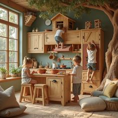 two children are playing in the kitchen with wooden furniture and decor on the walls behind them