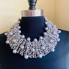 Chic Statement Pearl Necklace Is Made By Hand Using Fresh Water Pearls, Facetted Crystals, Glass Beads And Faux Pearls, Mixed With A Variety Of Smaller Beads And Pearls. Looks Beautiful With Strapless Attire, Evening Wear And Jewel-Neck Tops. Length: Adjustable From 50 To 57 Cm (19.68" - 22.44") Base Width: 5.5cm (2.16") Length Of 925 Silver Chain: 7 Cm (2.75") Clasp: Sterling Silver - 925 Silver Weight: 500 Gr (17.6 Oz Or 1.1 Lbs) Nwot - Never Worn Silver Crystal Pearl Necklace As A Gift, Silver Crystal Pearl Necklace For Gift, Silver Crystal Pearl Necklace Gift, Silver Crystal Embellished Party Jewelry, Silver Necklaces With Round Beads For Party, Silver Metal Beaded Necklaces For Party, Silver Metal Beaded Necklace For Party, Silver Necklace With Round Beads For Party, Silver Metal Pearl Necklace For Party