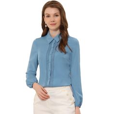 Create an elegant look with this button-up shirt, an essential for every wardrobe. This plain-colored blouse features a button-up at the front, the lace insert, and a regular fit, giving a more elegant and business-like look. A good versatile blouse that could be worn anytime, is well paired with your jeans, hip skirts, and long pants for a charming style. Soft and lightweight Woven fabric ensures all-day comfort. Occasion: Business, Office, Meeting, Career, Work, Coffee Shop, Casual, Daily wear Light Blue Button-up Blouse For Work, Light Blue Buttoned Blouse For Work, Light Blue Button Blouse For Work, Light Blue Collared Shirt For Work, Light Blue Collared Shirt For Office, Blue Long Sleeve Blouse For Office, Light Blue Button-up Blouse For Office, Office Lady Button-up Business Top, Button-up Tops For Business