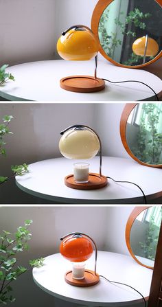 three different views of a table with a lamp on it and a mirror in the background