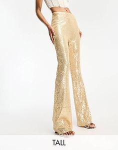 Glamorous Fitted Wide Leg Pants, Glamorous Fitted Wide Leg Pants With Sequins, Evening Flare Pants With Sequins, Fitted Full Length Glamorous Wide Leg Pants, Sequin Flare Pants For Evening, Glamorous Fitted Full Length Wide Leg Pants, Glamorous Gold Bottoms For Night Out, Chic Flare Bottoms For Party Season, Chic Flare Pants For Party Season