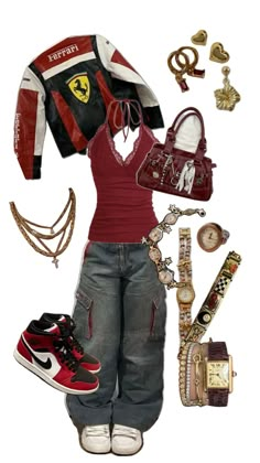 red top gold jewelry jordan's baggy jeans ferrari jacket Ferrari Jacket, Trashy Outfits, 2000s Fashion Outfits, Y2k Outfits