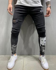 Men's Skinny  Slim Fit  Black Denim Pants Distressed Tapered Leg Jeans Black Slim Pants, Trousers Pattern, Black Denim Pants, Men Jeans Pants, Ripped Jeans Men, Camouflage Pants, Tapered Leg Jeans, Destroyed Jeans, Pencil Pants