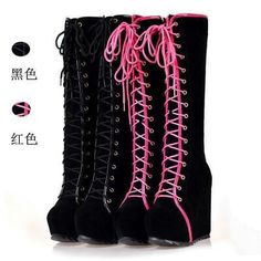 Top Rated Womens Casual Punk Lace Up Platform Wedge Heel Knee High Boots Gothic Shoes, Women's shoes Harajuku Shoes, Goth Shoes, Goth Boots, Boots Female, Gothic Shoes, Women High Heels, High Heels Boots, Lace Up High Heels, Prom Heels