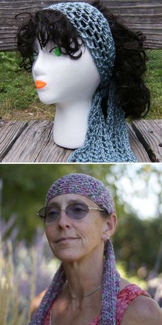 two photos of a woman wearing a knitted hat and scarf with an orange nose ring