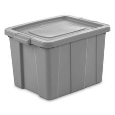 a gray plastic storage box on a white background